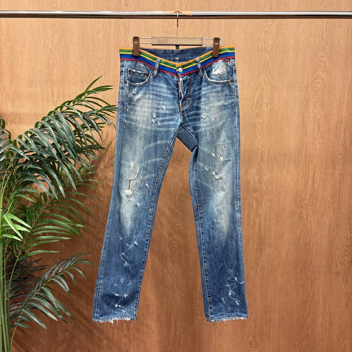 디스퀘어드 2 데님 팬츠 빈티지 디스트로이드 레인보우 밴딩 디테일 블루 상품이미지1