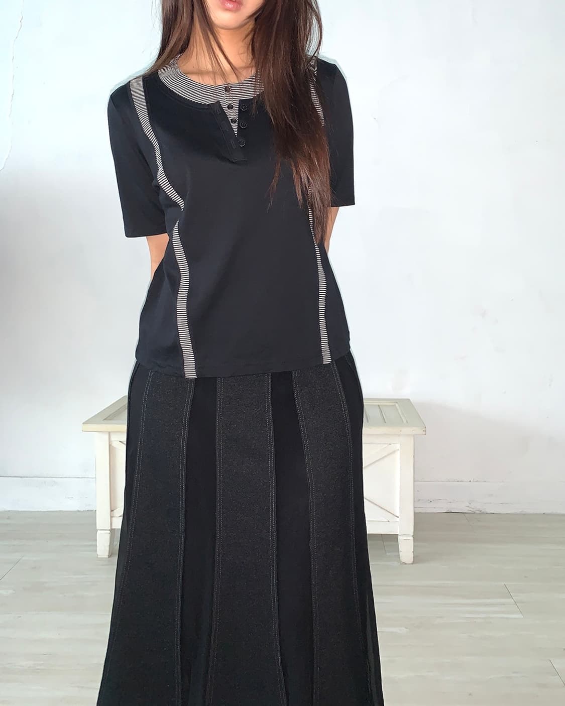 Black Striped Layered Short Sleeve Top 상품이미지4