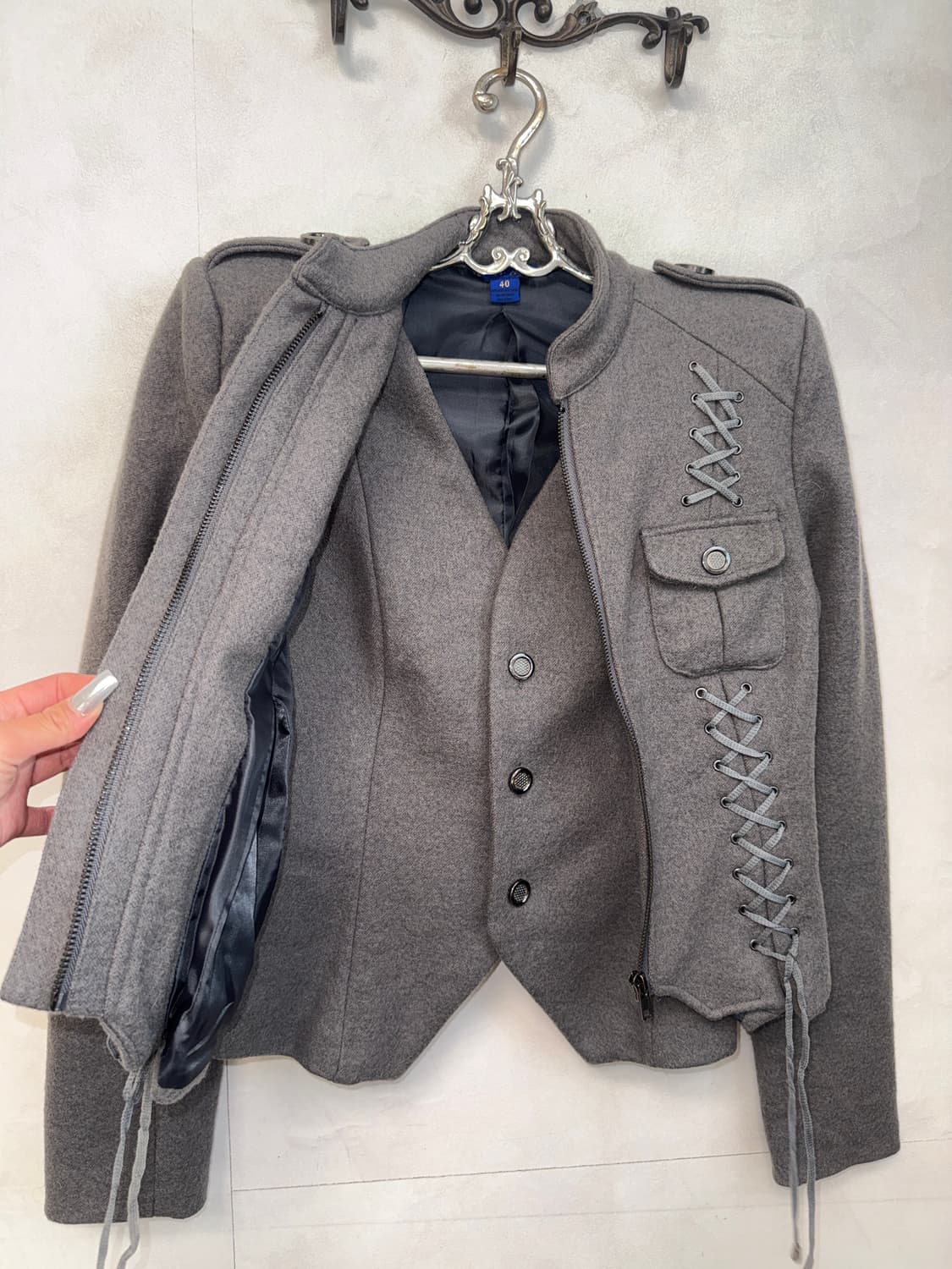 Charcoal vest layered laceup wool jacket 상품이미지3