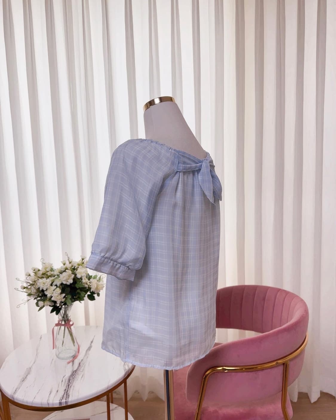 쉬폰 체크 벌룬소매 리본 블라우스 상품이미지7