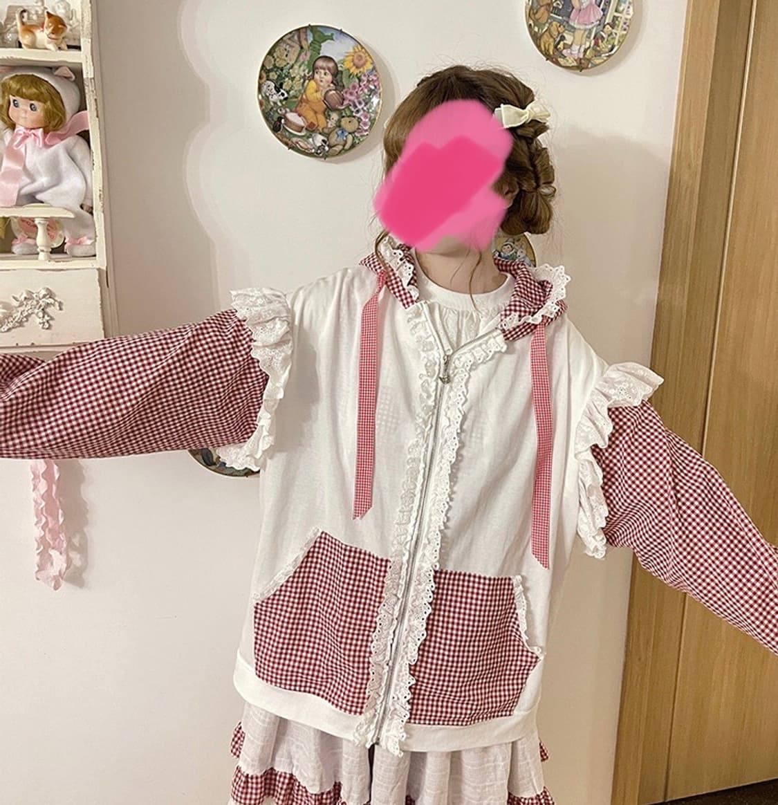 프릴 레이스 깅엄 체크 후드집업 양산형 지뢰계 로리타 하라주쿠 상품이미지4
