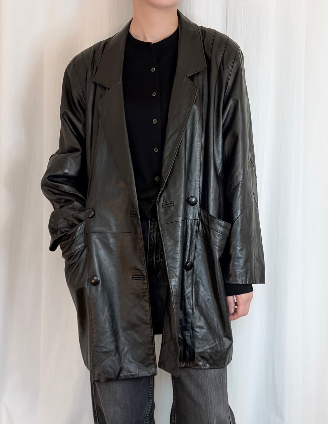 Double Button Leather Jacket - Black 상품이미지2