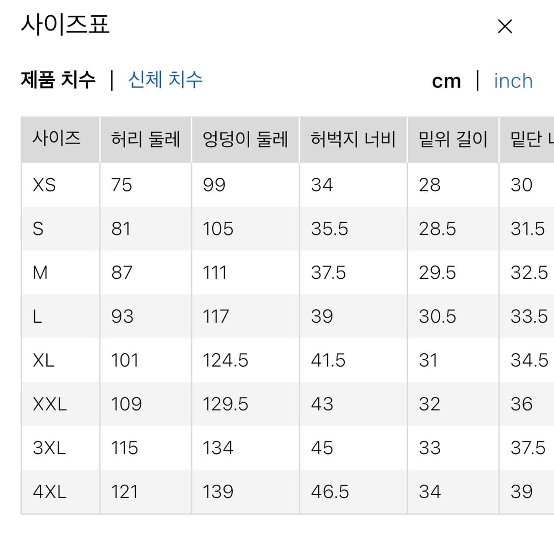 유니클로 데님워크쇼트팬츠 반바지 버뮤다 4XL 연청 새상품 상품이미지7
