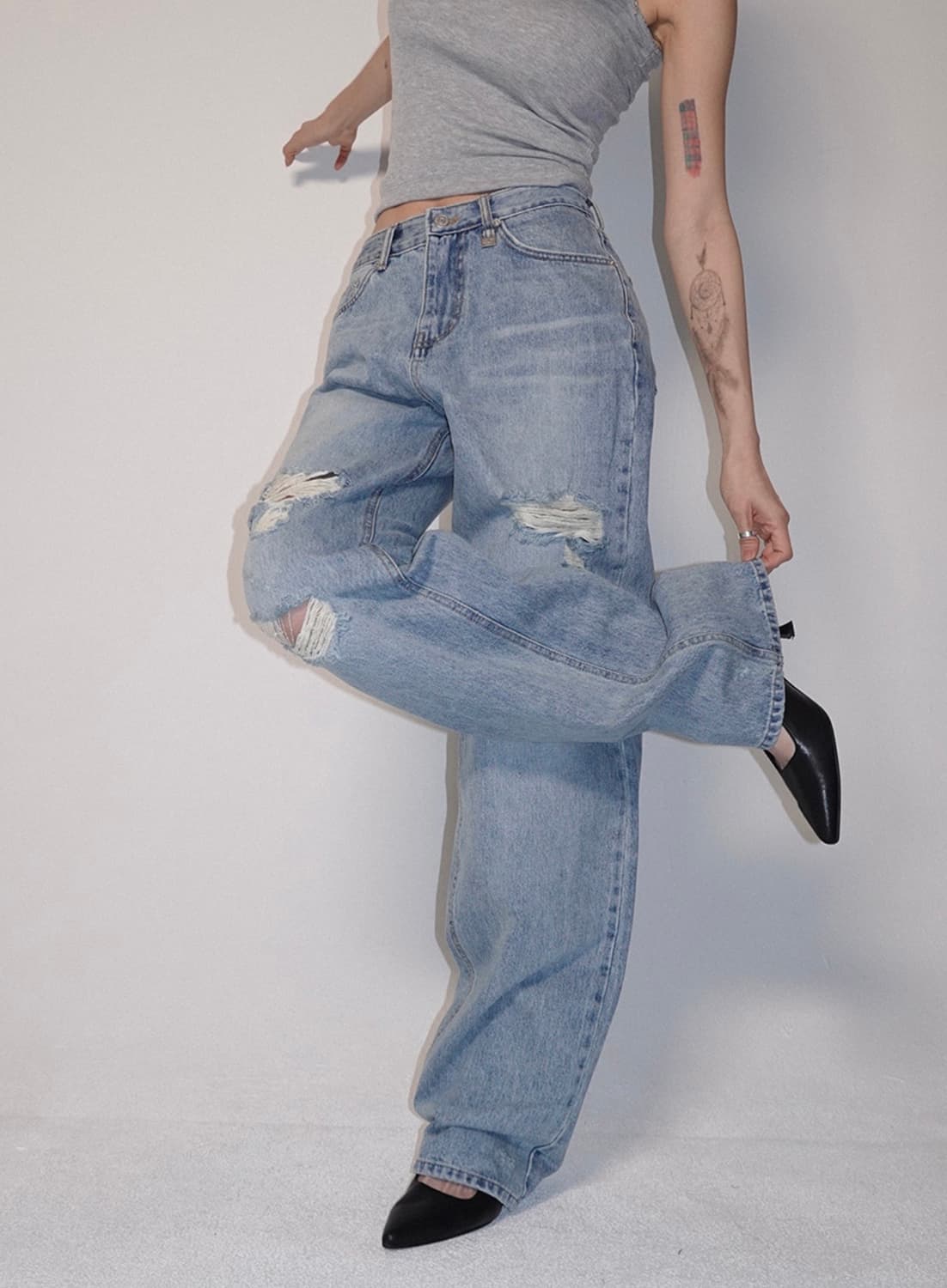 페일제이드 빈티지 데미지 세미 와이드 진 라이트블루 상품이미지4