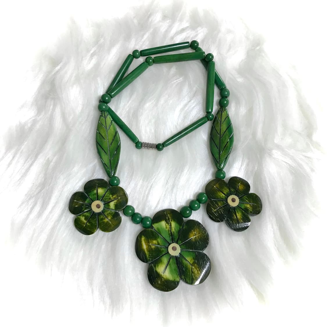 빈티지 모리걸 우드 초록 꽃 목걸이 상품이미지2