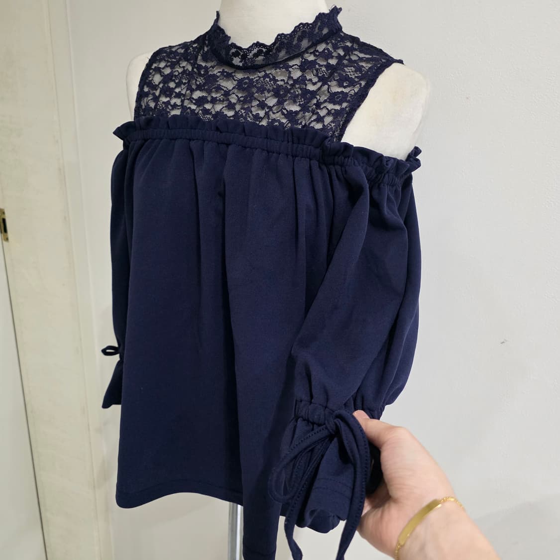 일본빈티지)네이비 스나계 지뢰계 레이스 로리타 핀터깔 오프숄더 블라우스 상품이미지2