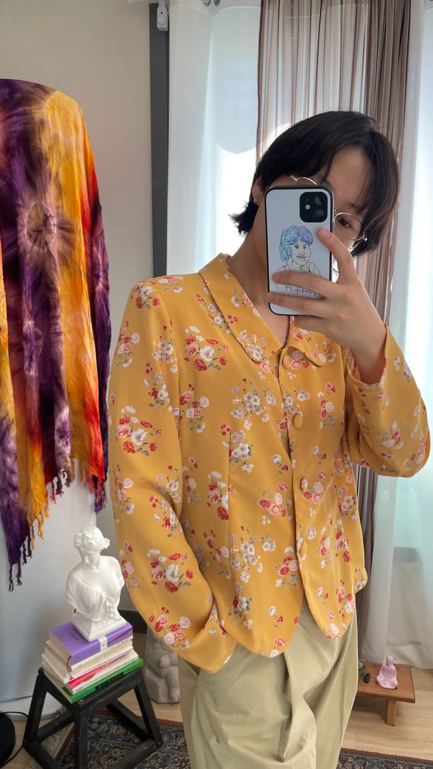 머스타드 옐로우 플라워 블라우스 일본 빈티지 상품이미지2