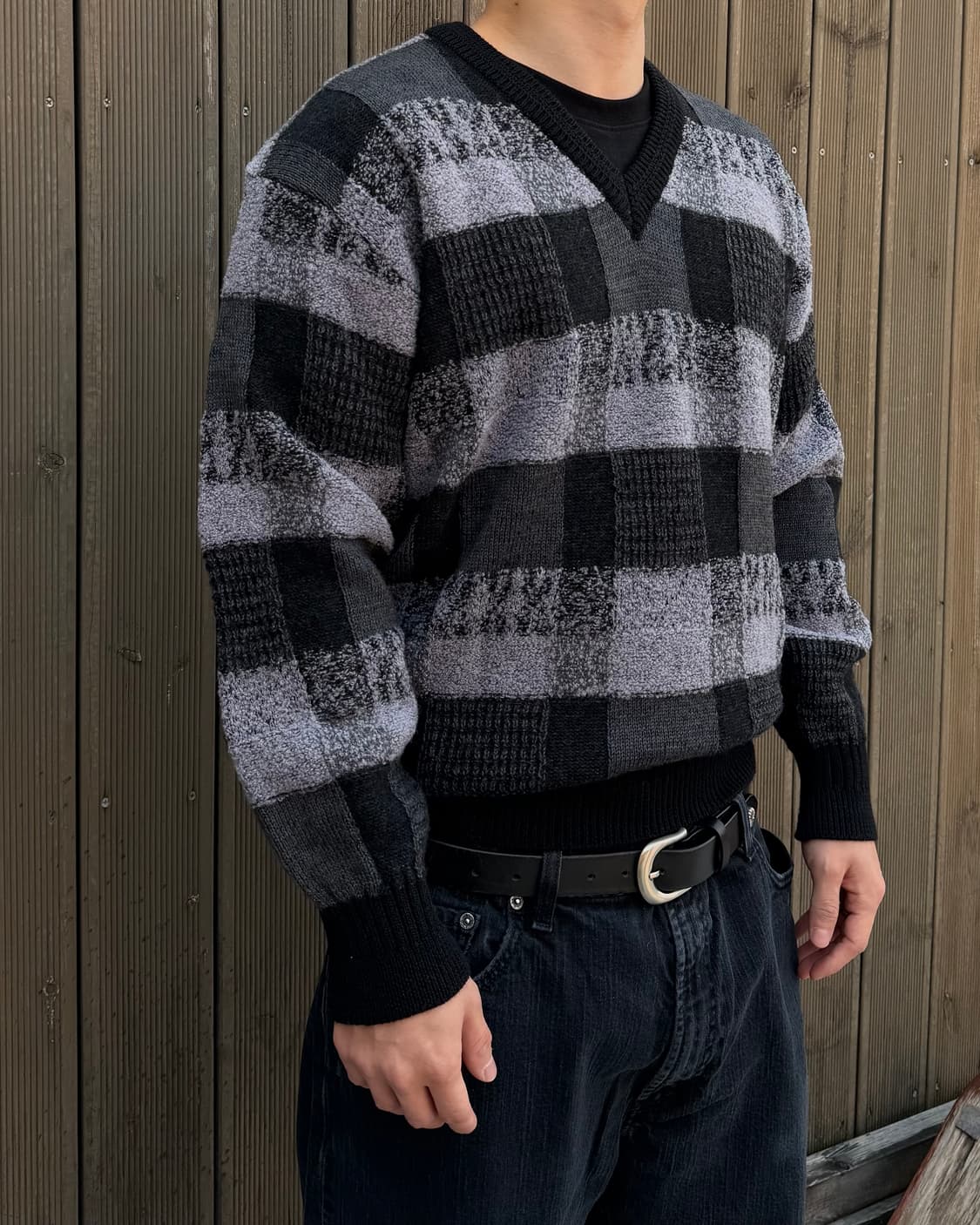 90s 빈티지 울 체크 브이넥 니트 스웨터 상품이미지2