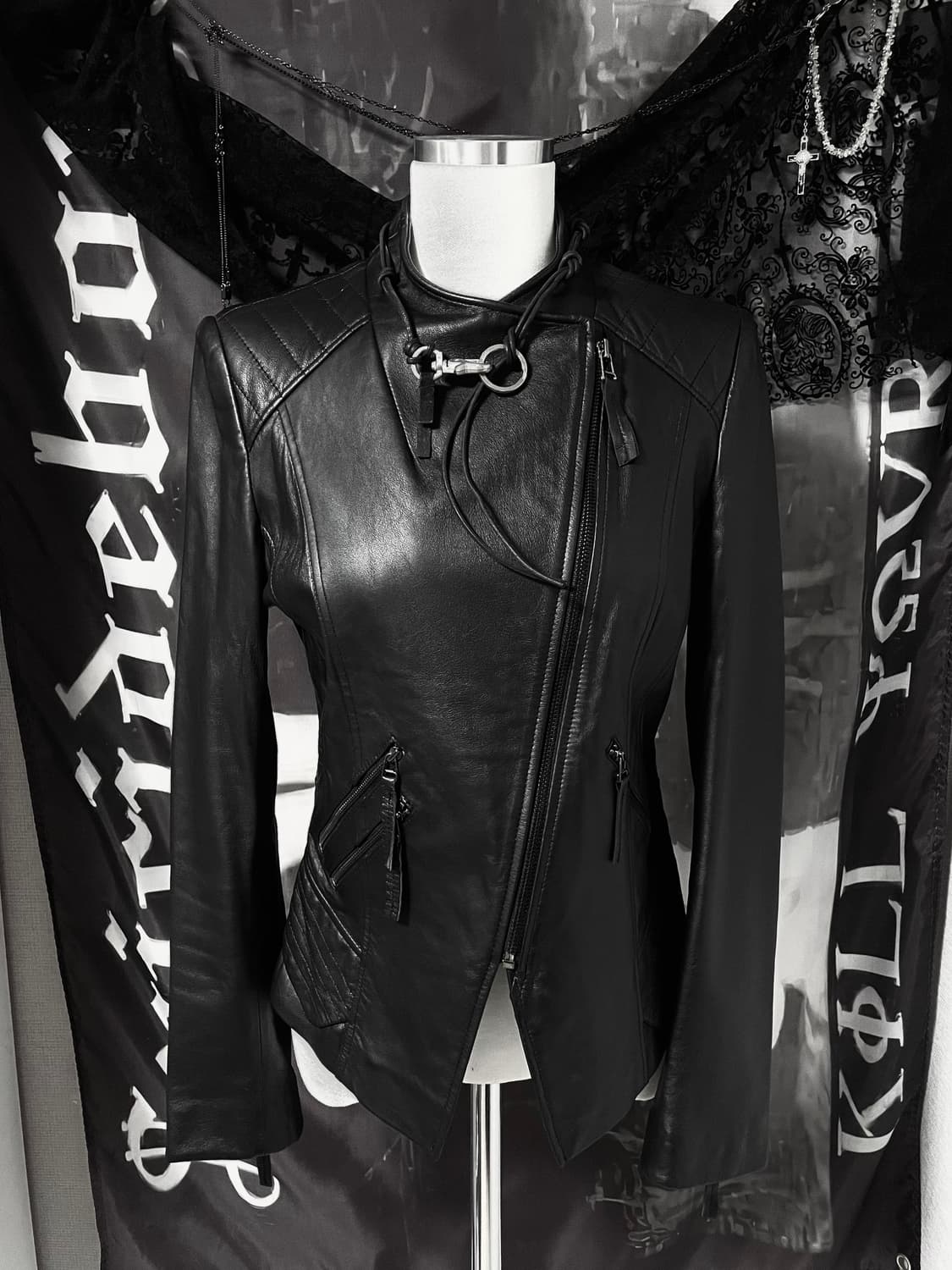 ITALY Sheepskin 릭오웬스맛 비대칭사선지퍼 슬림 레더자켓 블랙 상품이미지3