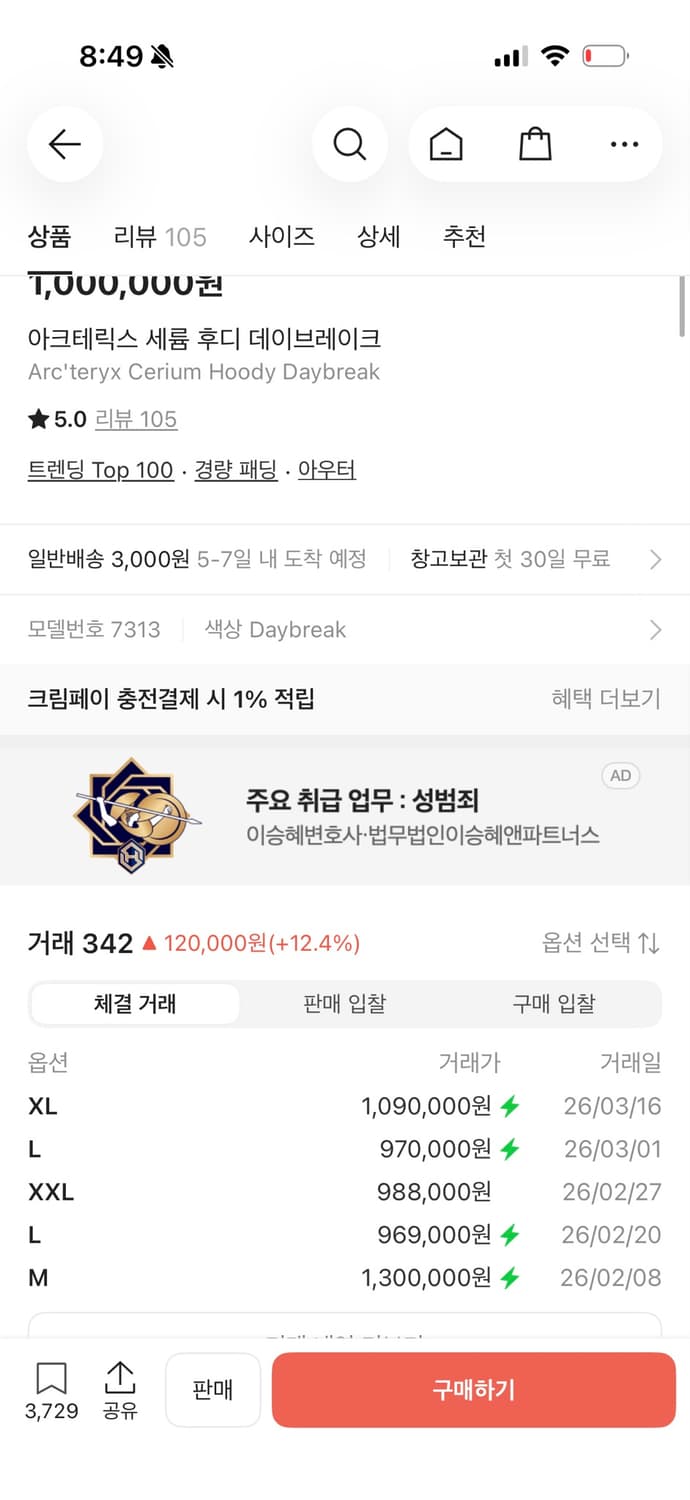 아크테릭스 세륨 L 사이즈  상태 8.8/10  사진 찍고 절대 안입습니 상품이미지2