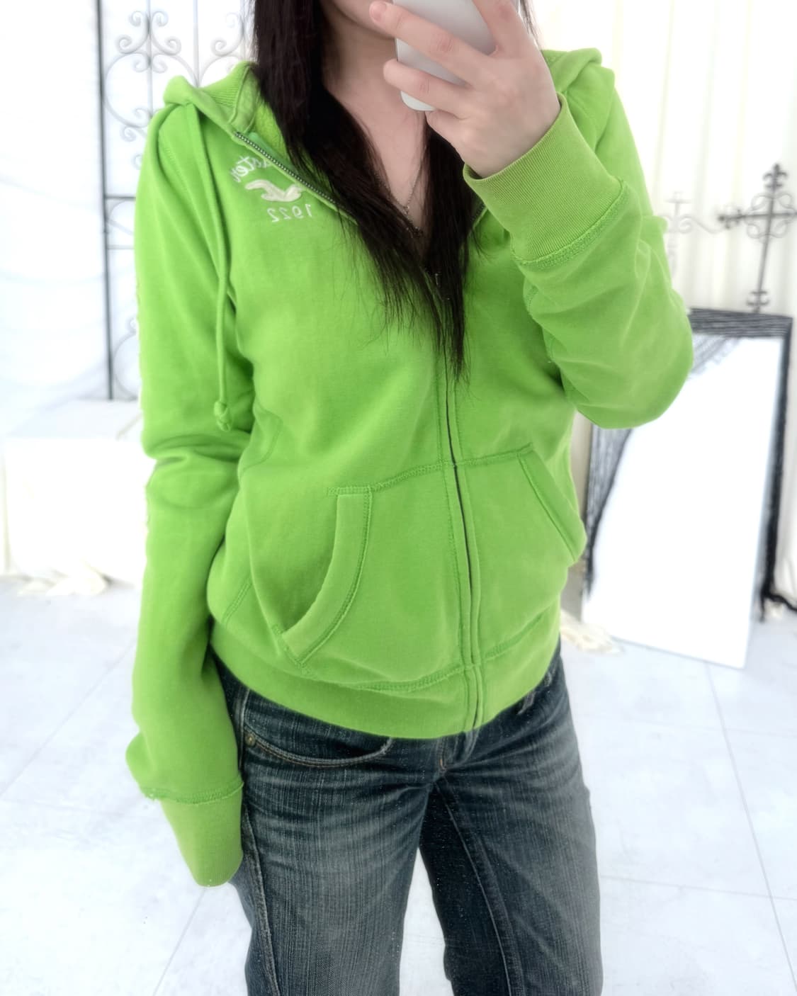 홀리스터 Y2K 네온 라임 후드 집업 상품이미지5