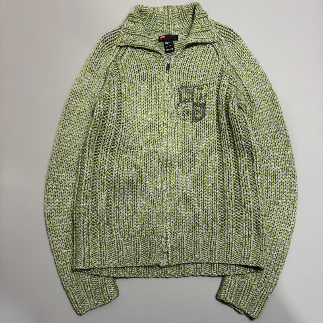 디젤(DIESEL) 그린컬러 믹스 패턴 데미지 로고 울 케이블 니트 집업 상품이미지6