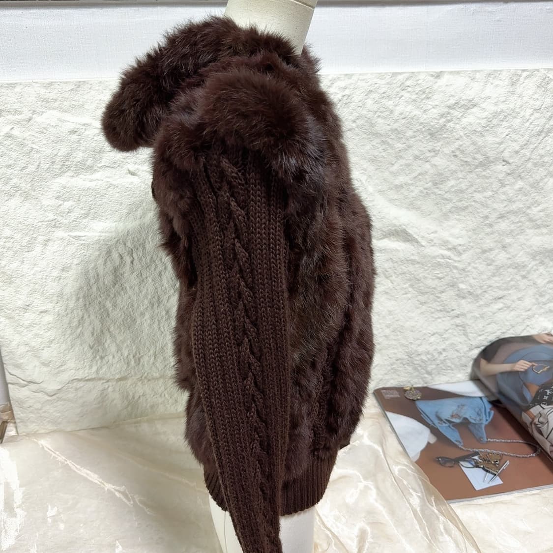빈티지 초콜릿 브라운 여우털 후드 토끼털 꽈배기 니트자켓 후드집업 상품이미지3