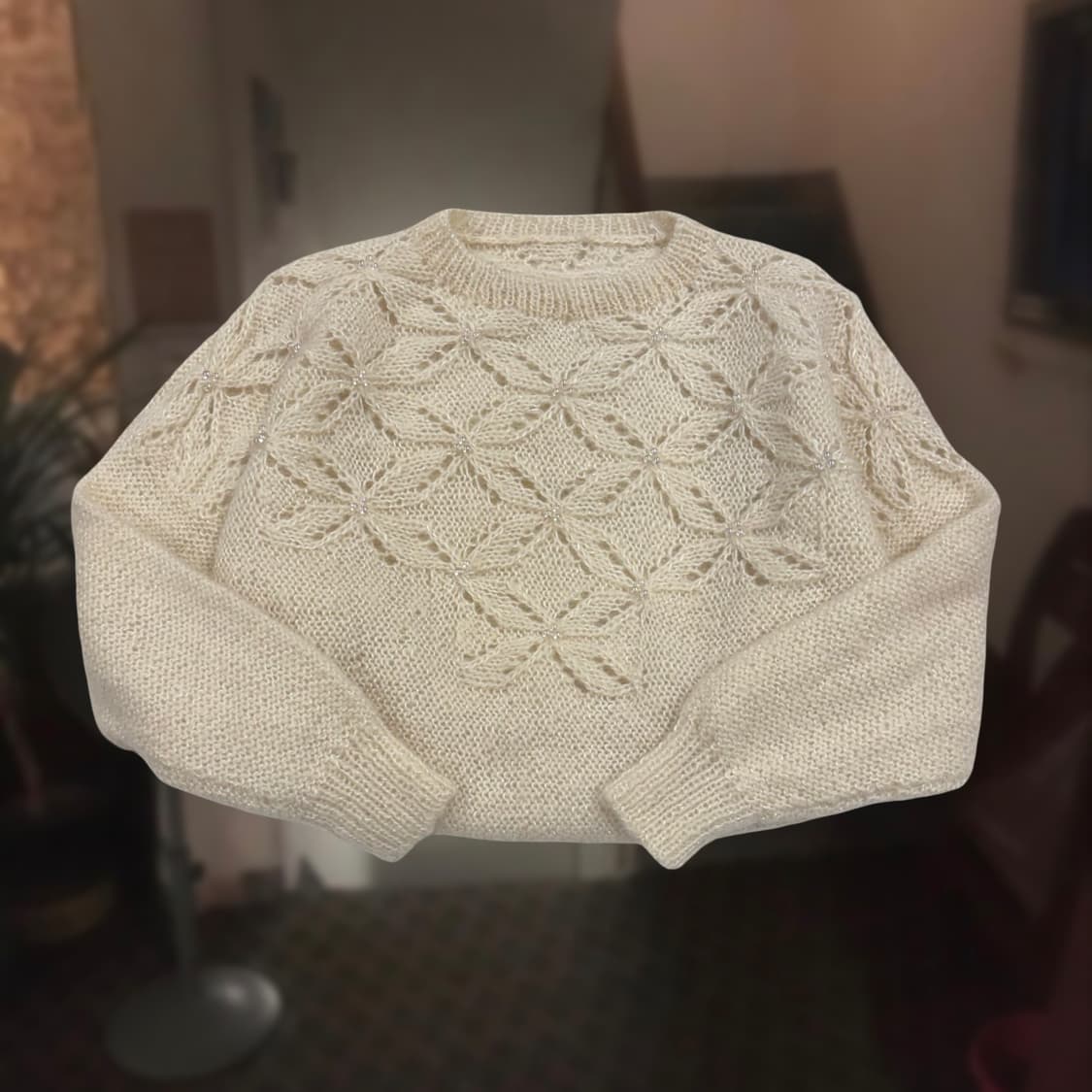 일본 빈티지 아이보리 비즈 루즈핏 울 니트 상품이미지2