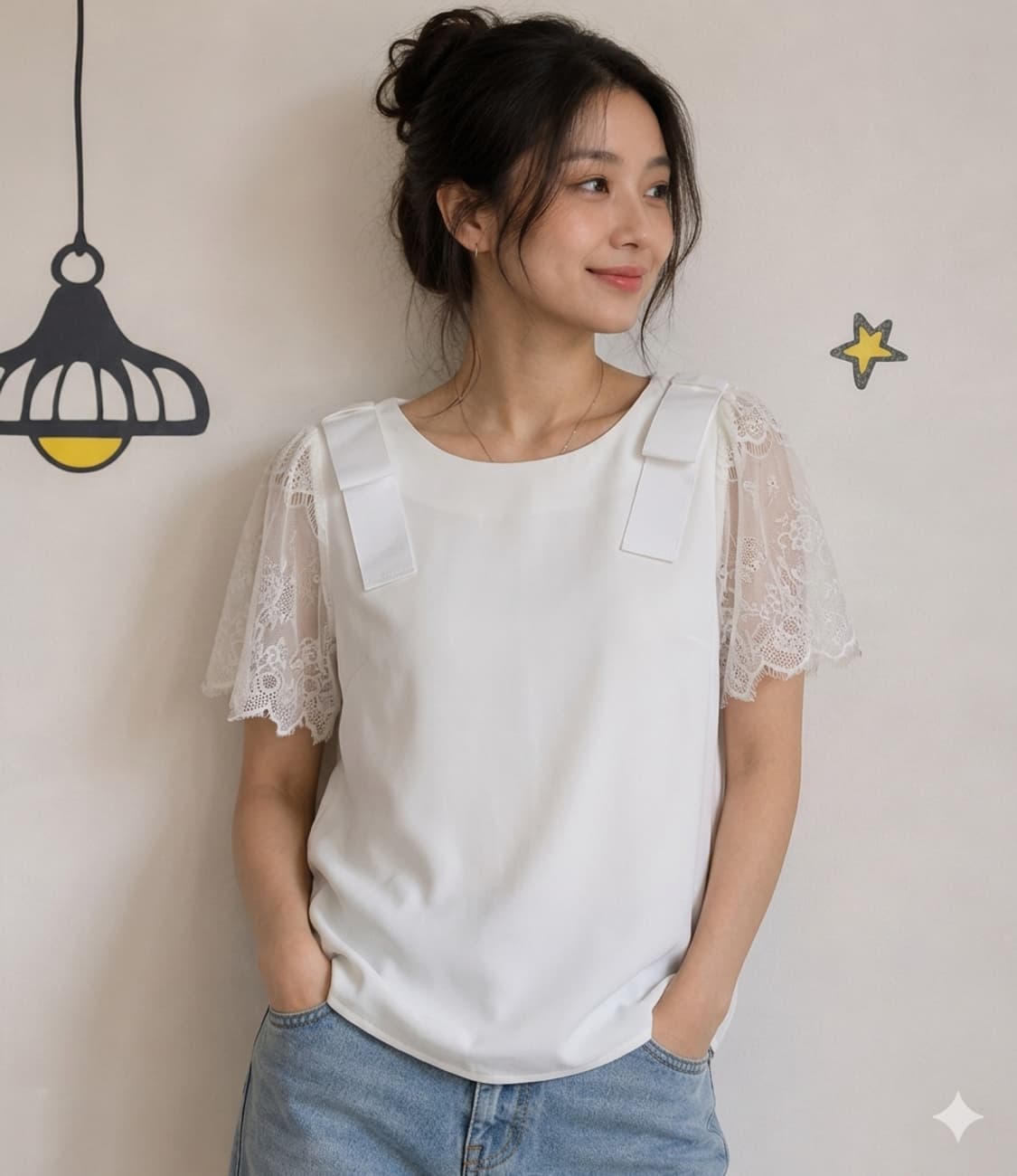 [tocco closet] 토코 클로젯 어깨 리본 레이스 블라우스 상품이미지1