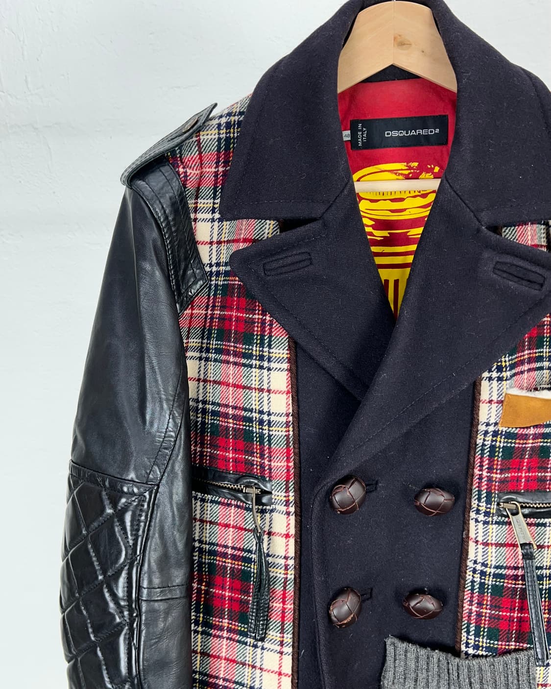 디스퀘어드2 패치드 체크 레더 울 더블 코트 자켓 상품이미지2