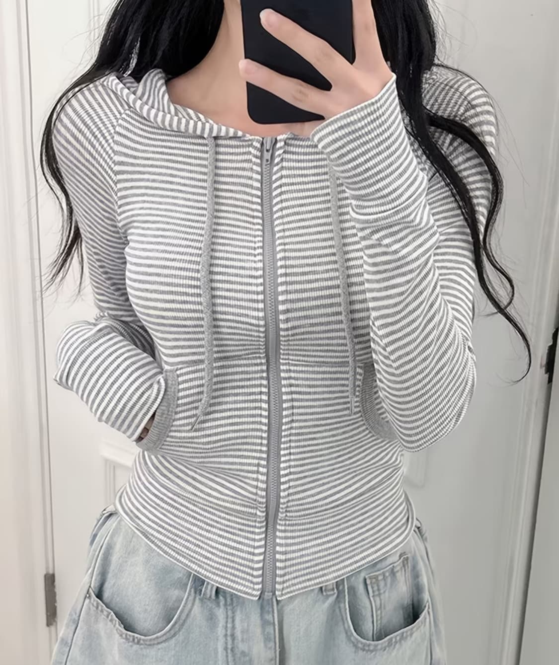 스트라이프 크롭후드집업 상품이미지1