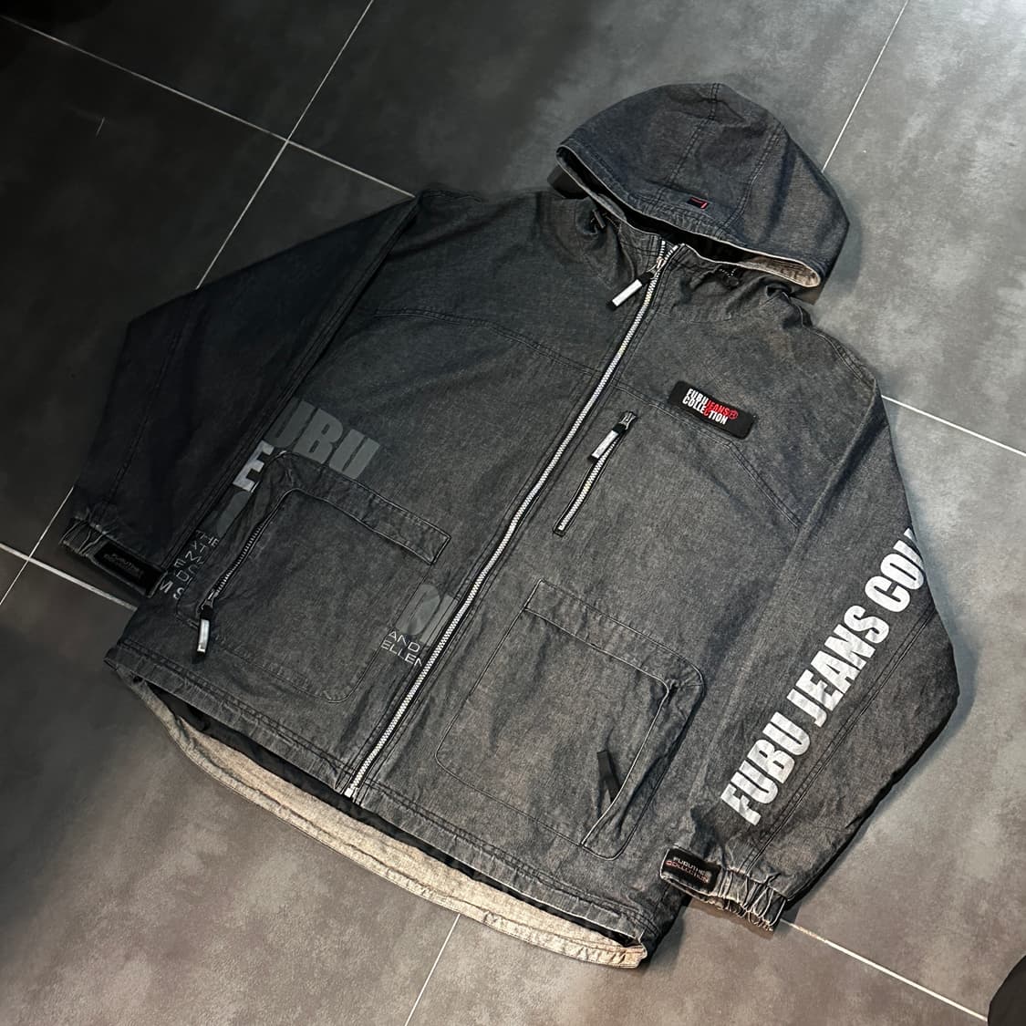 후부 레터링 데님 오버핏 후드 집업 상품이미지1