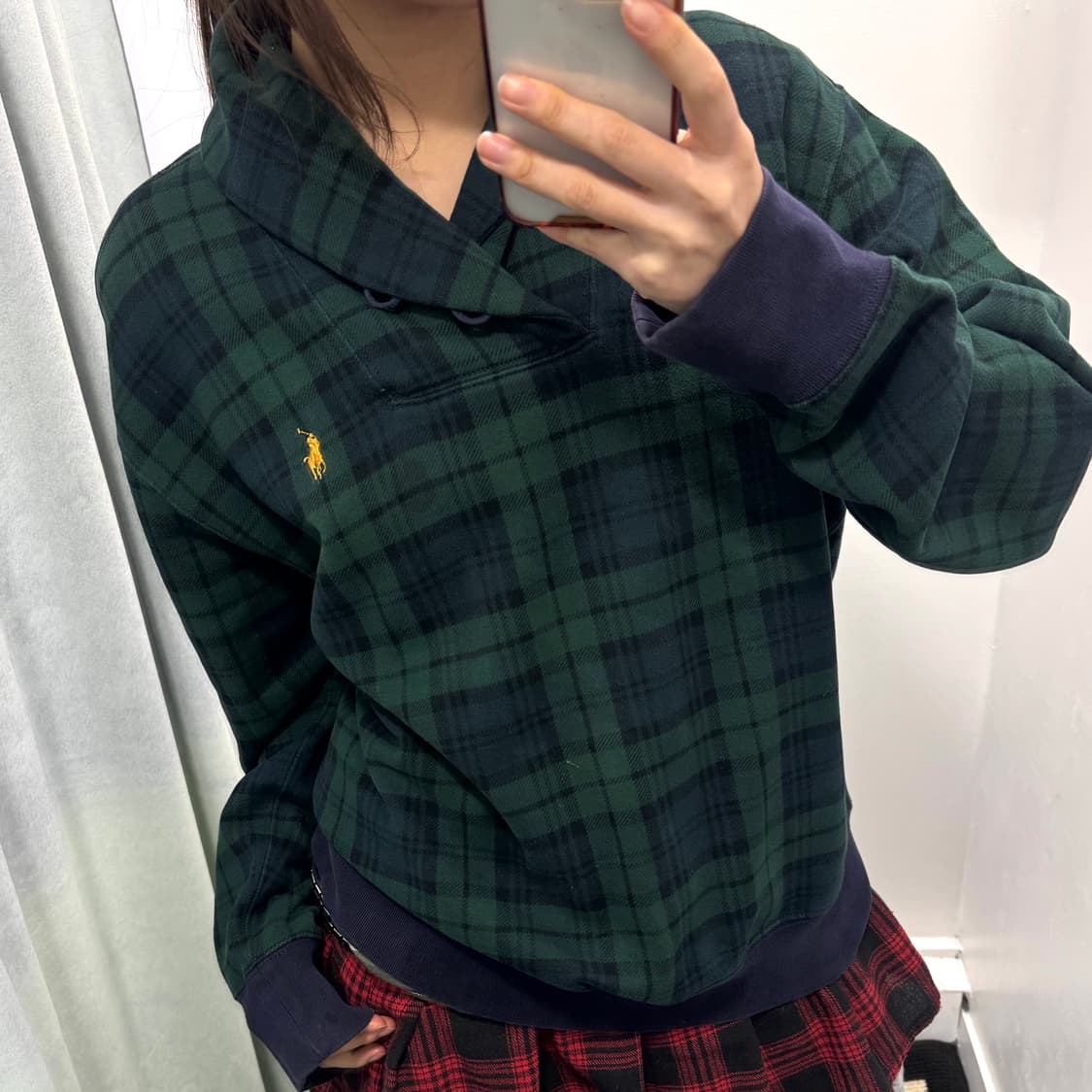 폴로 그린 타탄체크 숄카라 플리스 맨투맨 상품이미지2