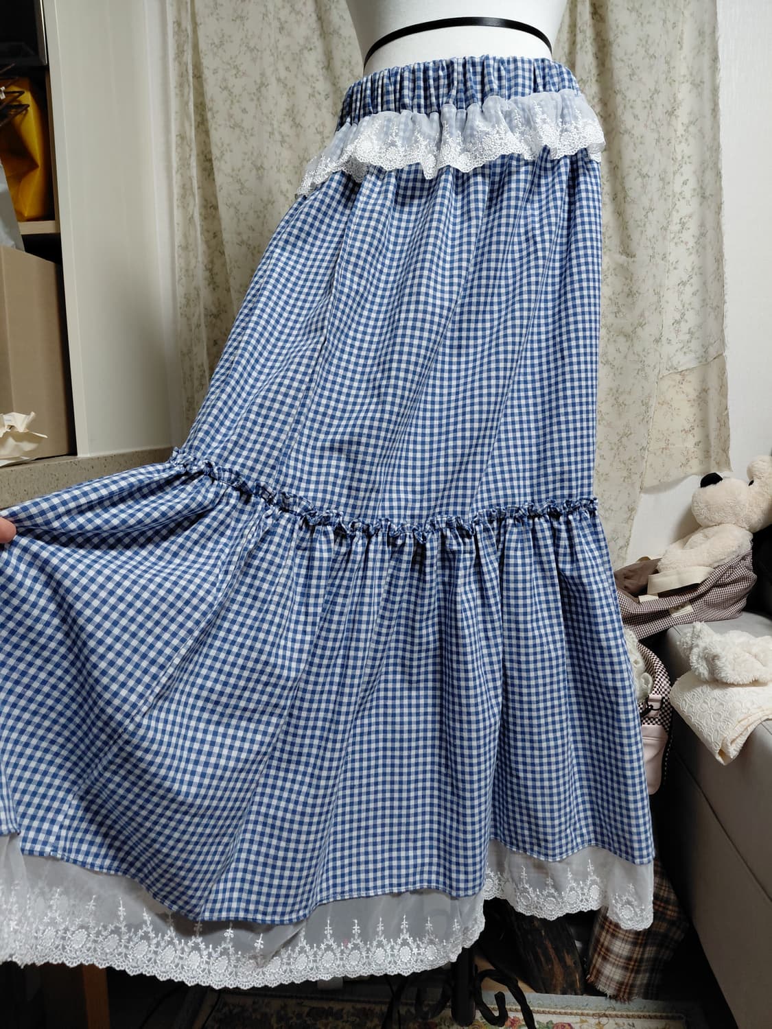 [빈티지 리폼] 블루 체크 캉캉 롱 스커트 레이스 상품이미지2