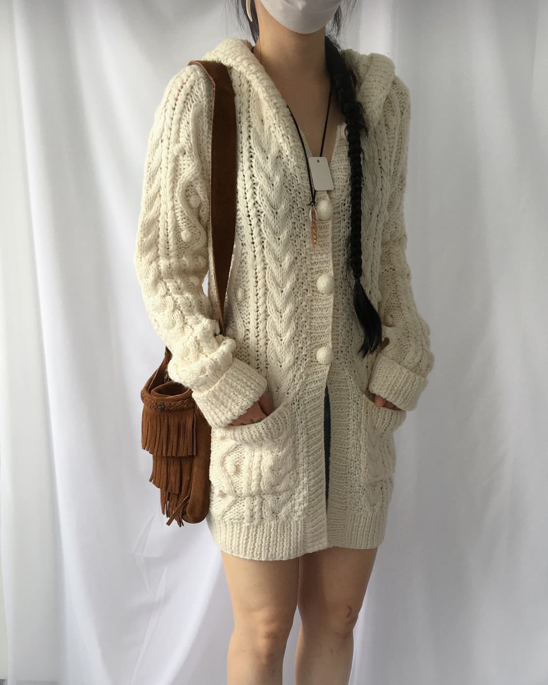 Pompom point knit hood cardigan 상품이미지6