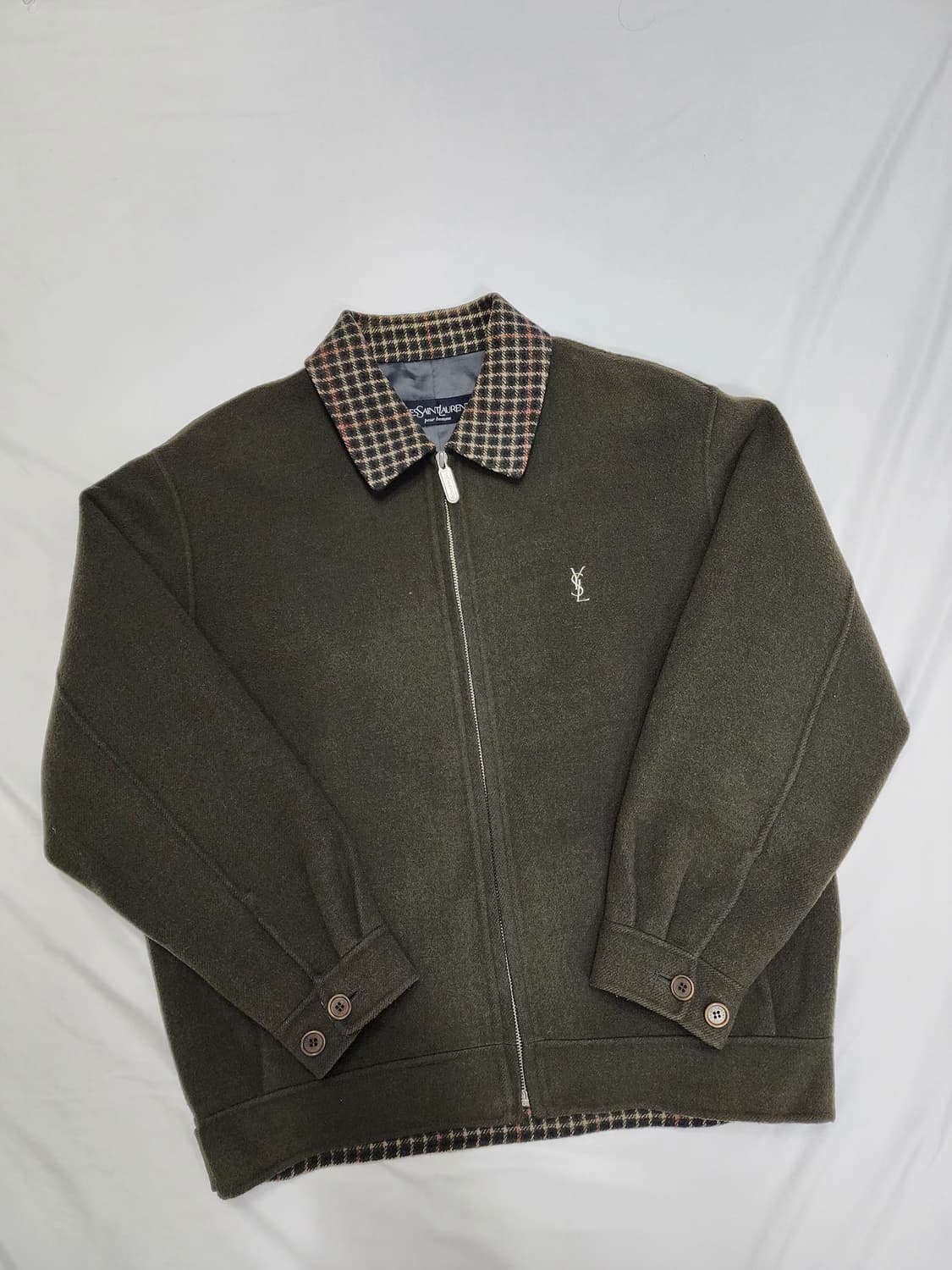 입생로랑 울 체크 카라 빈티지 카키 자켓 상품이미지1