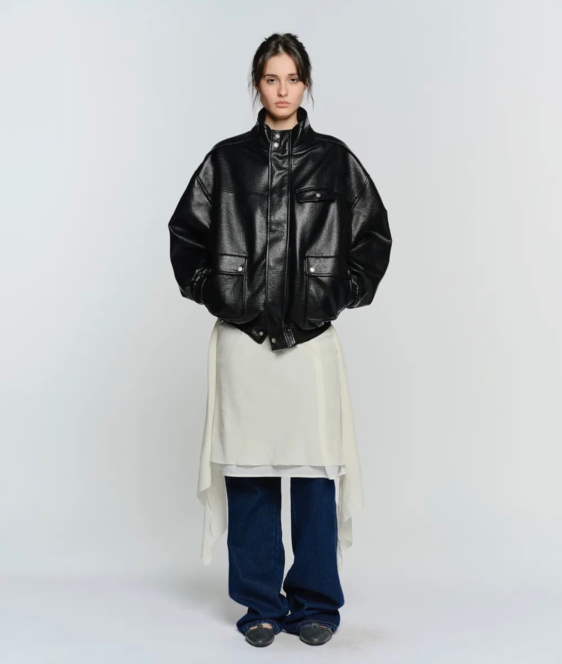 Faux leather high neck jumper 상품이미지1