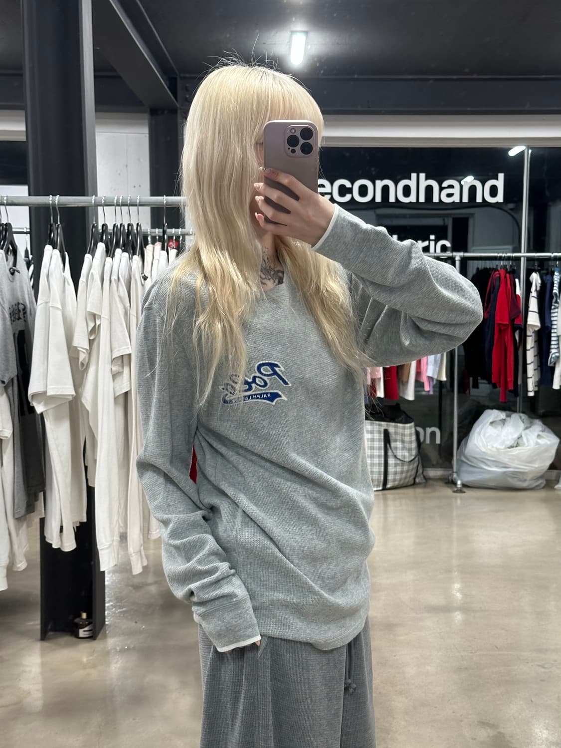 폴로 랄프로렌 자수 로고 그레이 와플 긴팔 티셔츠 상품이미지3