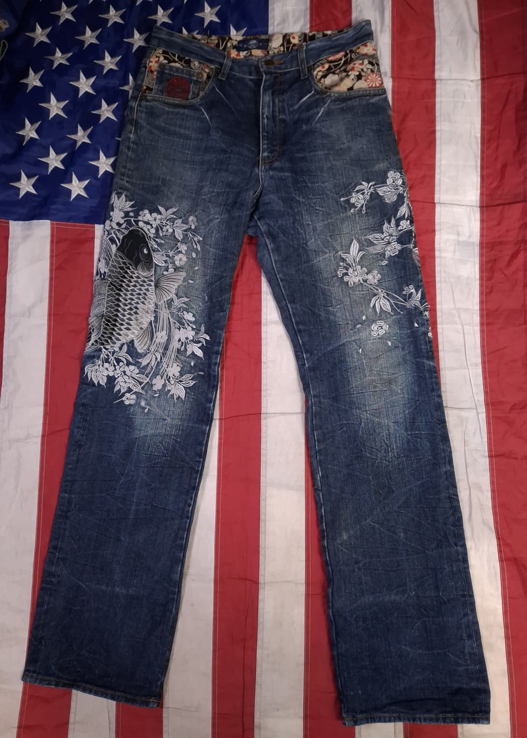 오리지날 일본판 풍신뇌신 오리엔탈 자수 잉어 데님진 상품이미지6