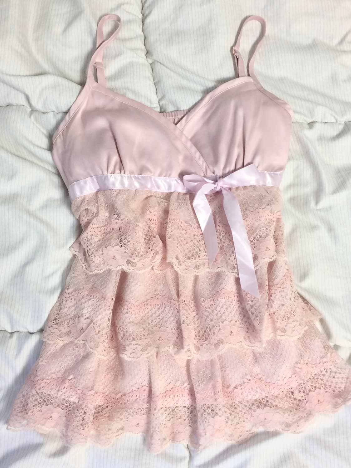 빈티지 히메갸루 코디셋 복숭아 핑크 레이스 리본 슬리브리스 프릴 블라우스 상품이미지2