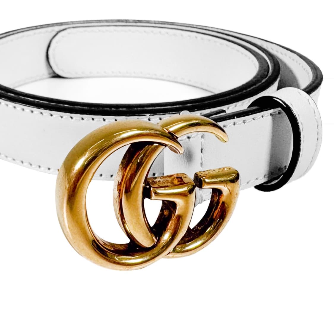 [65/26] 구찌 여성 마몬트 더블 GG 로고 버클 씬벨트 화이트 골드 상품이미지5