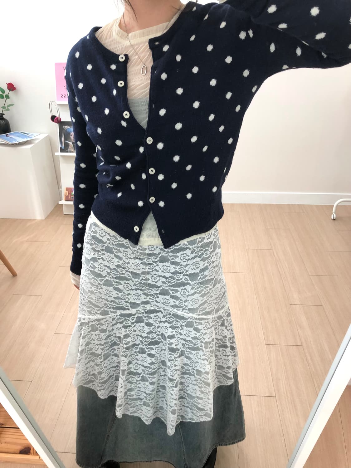 🤍💙도트 땡땡이 시스루 레이어드 코디 상품이미지1