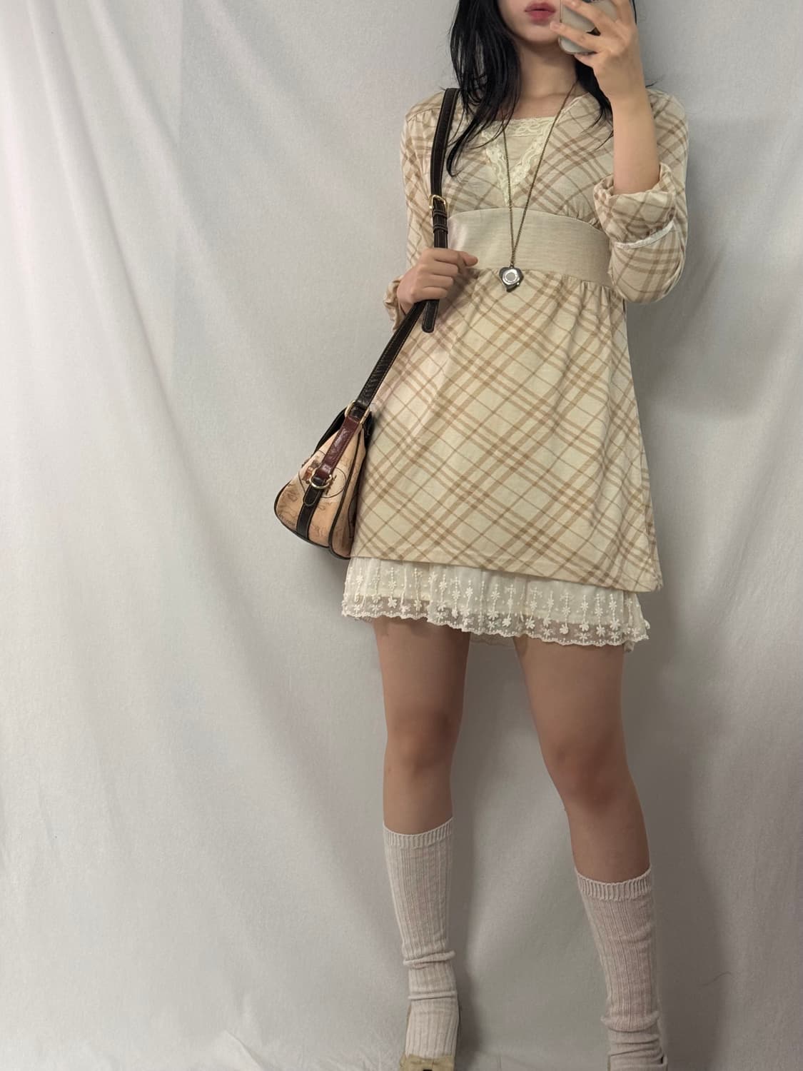 체크 패툰 레이스 레이어드 베스트 원피스 3pcs SET 상품이미지5