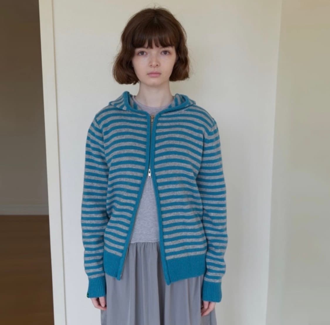 노컨텐츠 스트라이프 니트 후드 집업 민트 상품이미지1