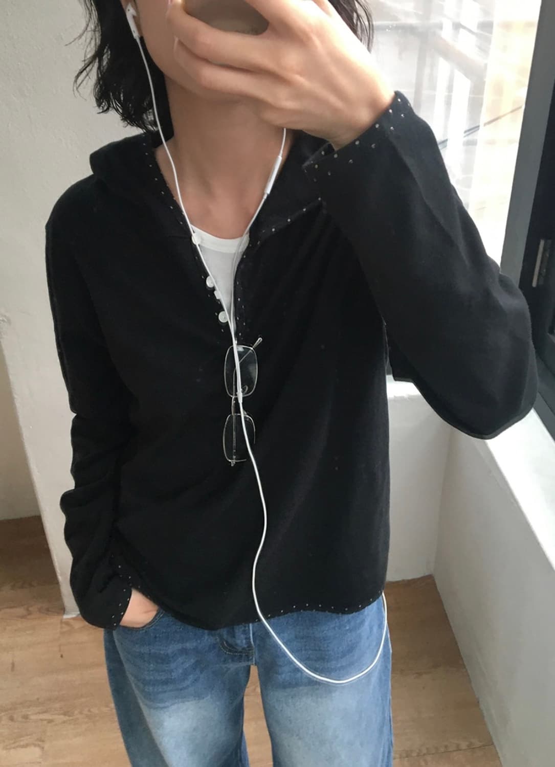 지그재그 데일리쥬 데니슨 도트 레이어드 빈티지 후드 티셔츠 상품이미지3