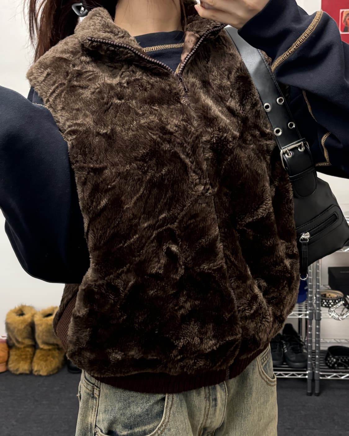 올드 빈티지 브라운 퍼 집업 베스트 상품이미지2