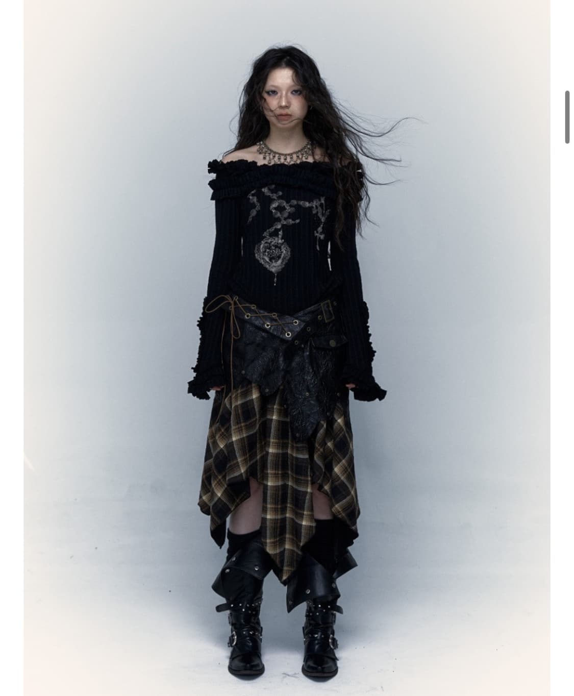NOROMANCE 펑크 레더 체크 스커트 상품이미지2