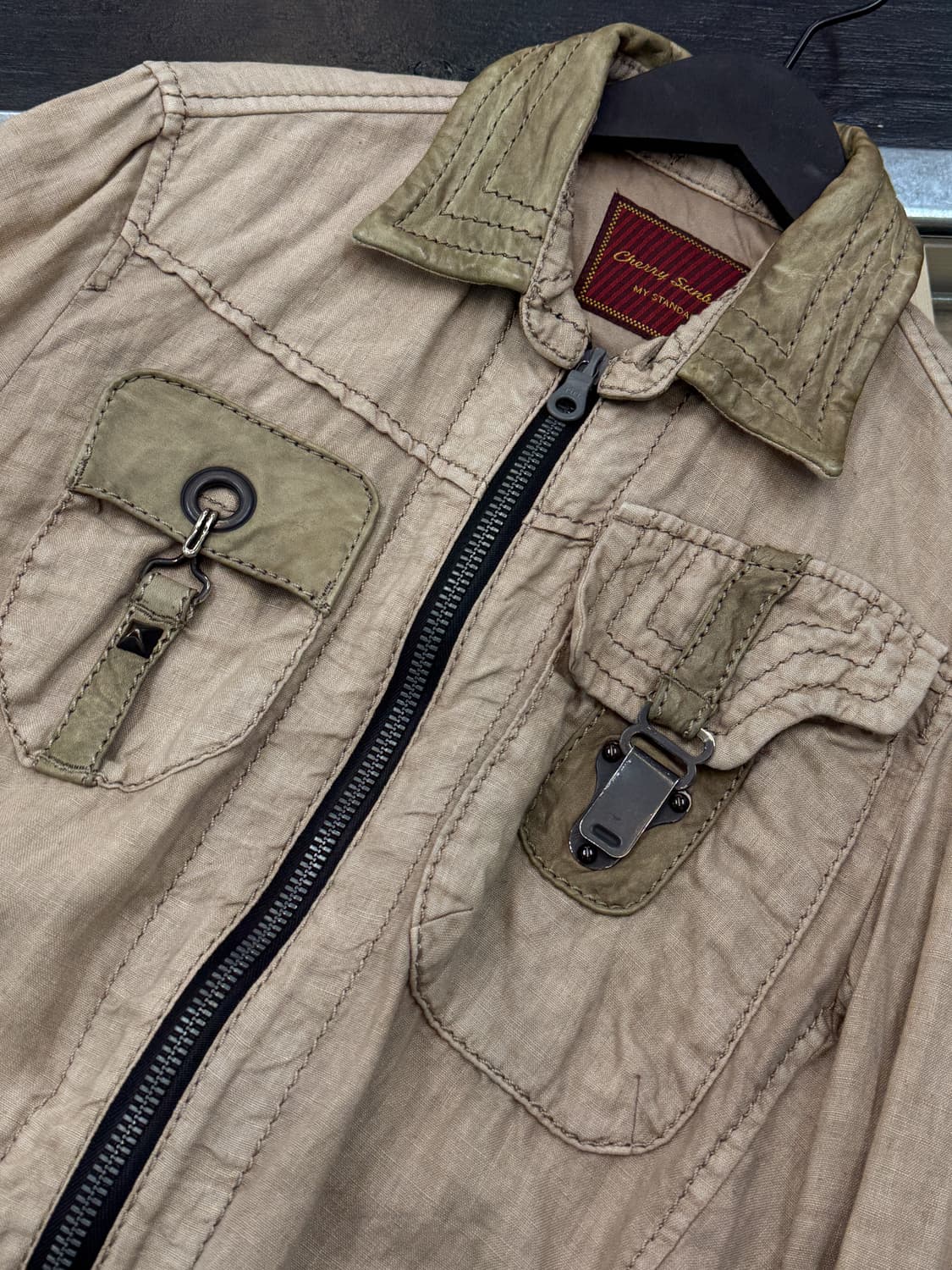 체리 선버스트 투웨이 리넨 레더 집업 자켓 상품이미지4