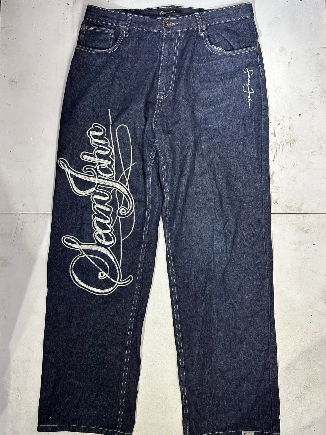 90s 션 존 진청 와이드 자수 올드스쿨 힙합 새깅 팬츠 청바지 36 상품이미지4