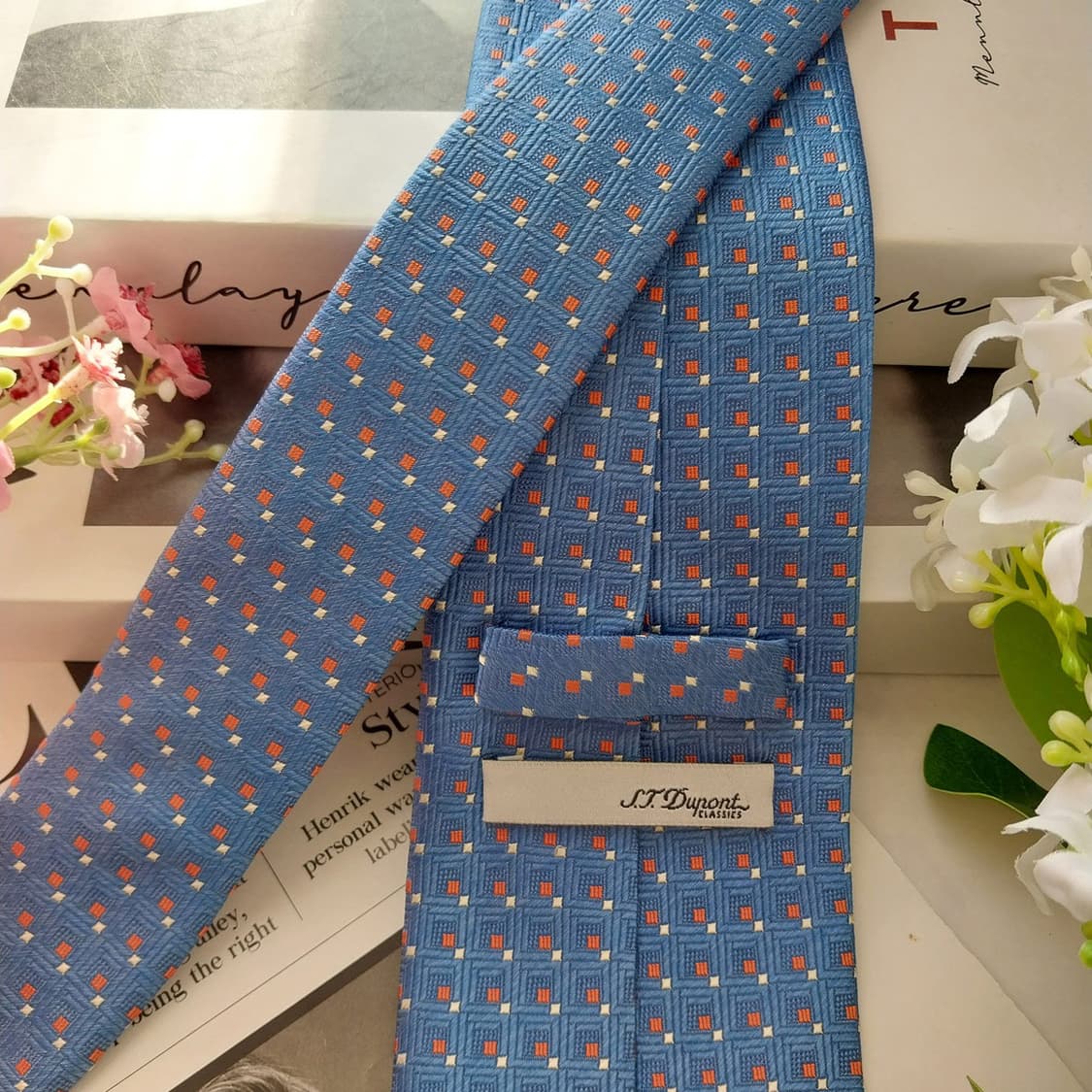 에스 티 듀퐁 실크 블루 기하 패턴 넥타이 8.1cm A+등급 K1887 상품이미지6