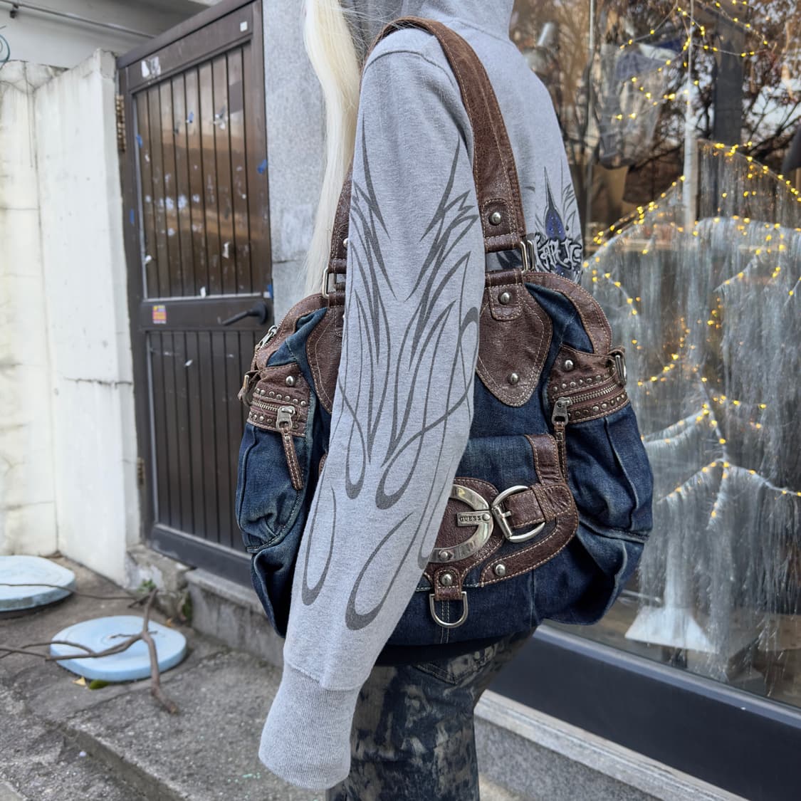 00s 빈티지 게스 XL 데님 빅 버클백 가방 상품이미지1
