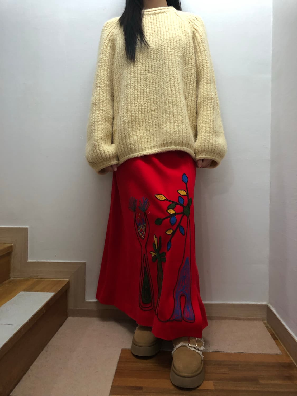 빈티지 레드 오리엔탈 버튼 롱 스커트 상품이미지5