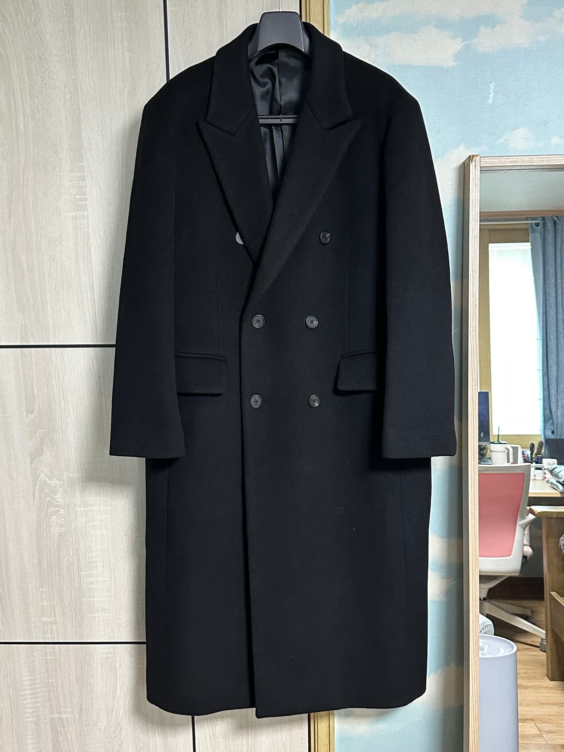 (XL) 무탠다드 캐시미어 블렌드 대디 숄더 더블 롱 코트 [블랙] 상품이미지2