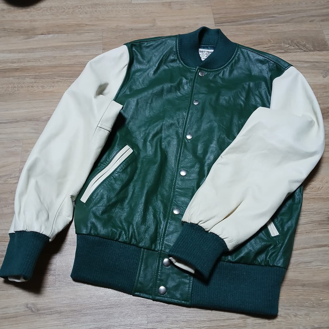 Navy team 네이비팀 소가죽 레더 바시티 자켓 상품이미지4