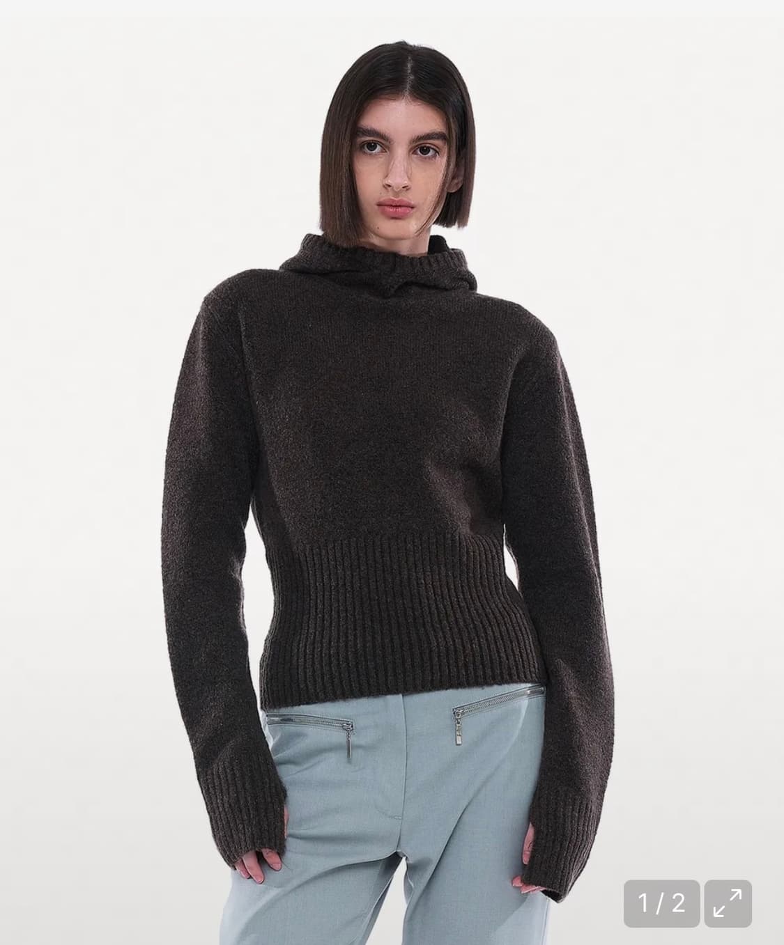 파르티멘토 우먼 컷 아웃 워머 니트 후디 탑_브라운 상품이미지1