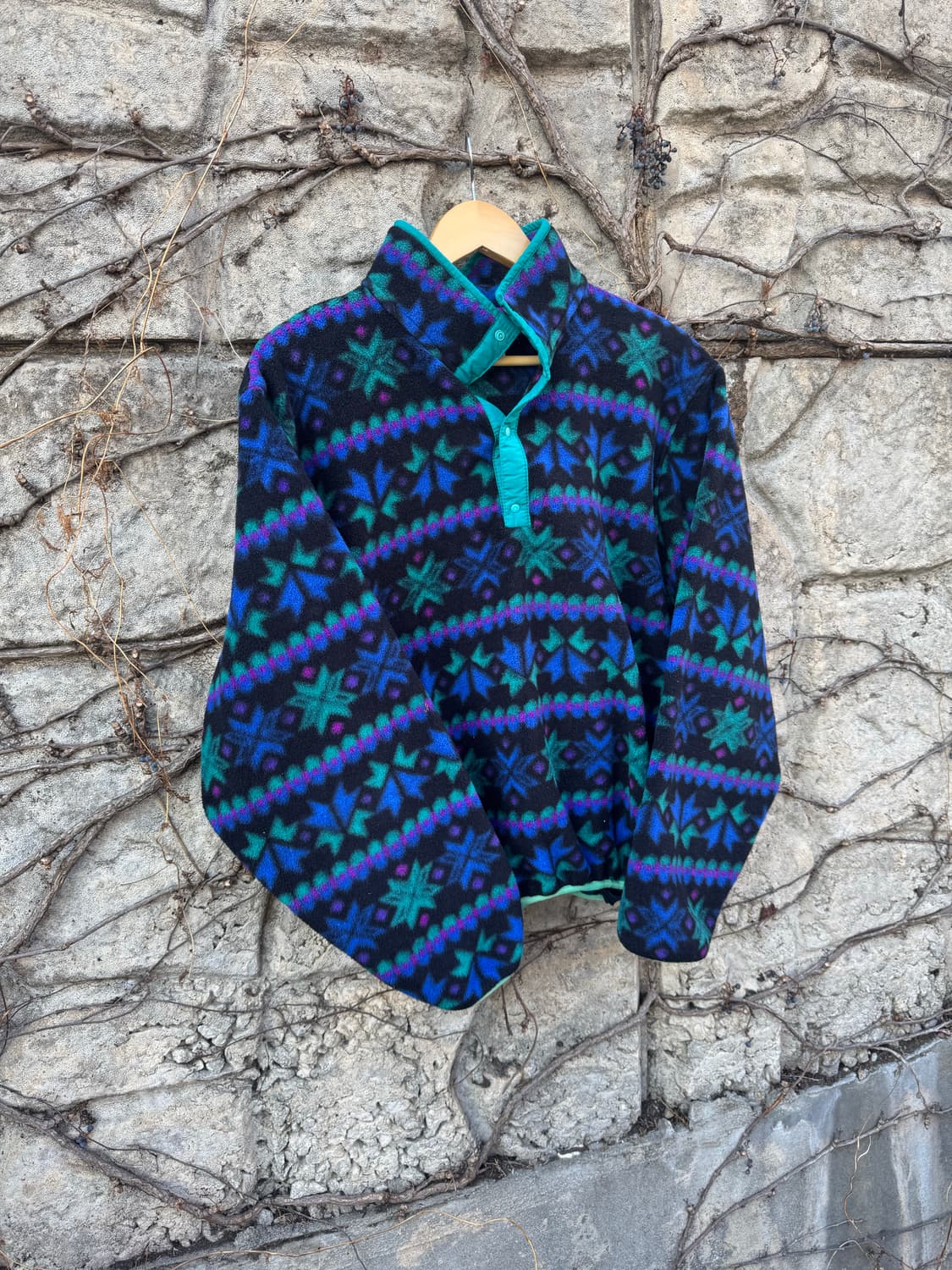 90s 엘엘빈 빈티지 노르딕 아즈텍 패턴 풀오버 플리스 스냅 티 상품이미지3