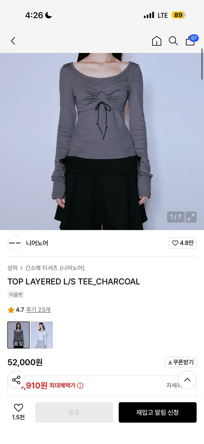 니어노어 TOP LAYERED L/S TEE_CHARCOAL 상품이미지1
