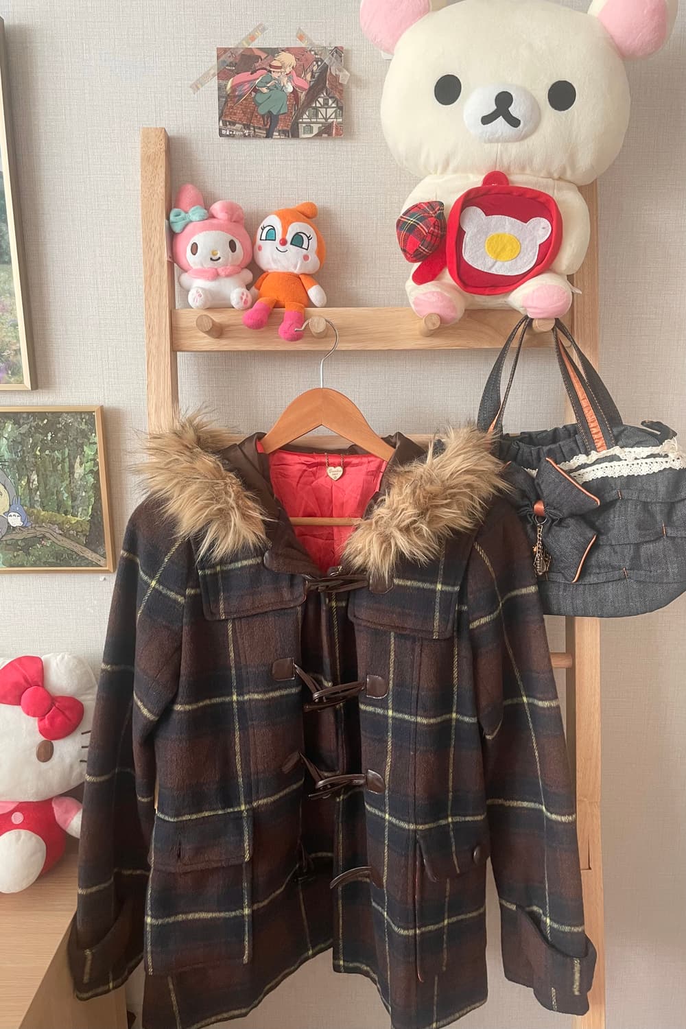 모리걸 빈티지 체크 후드 퍼 떡볶이 코트 🤎♥️ 상품이미지1