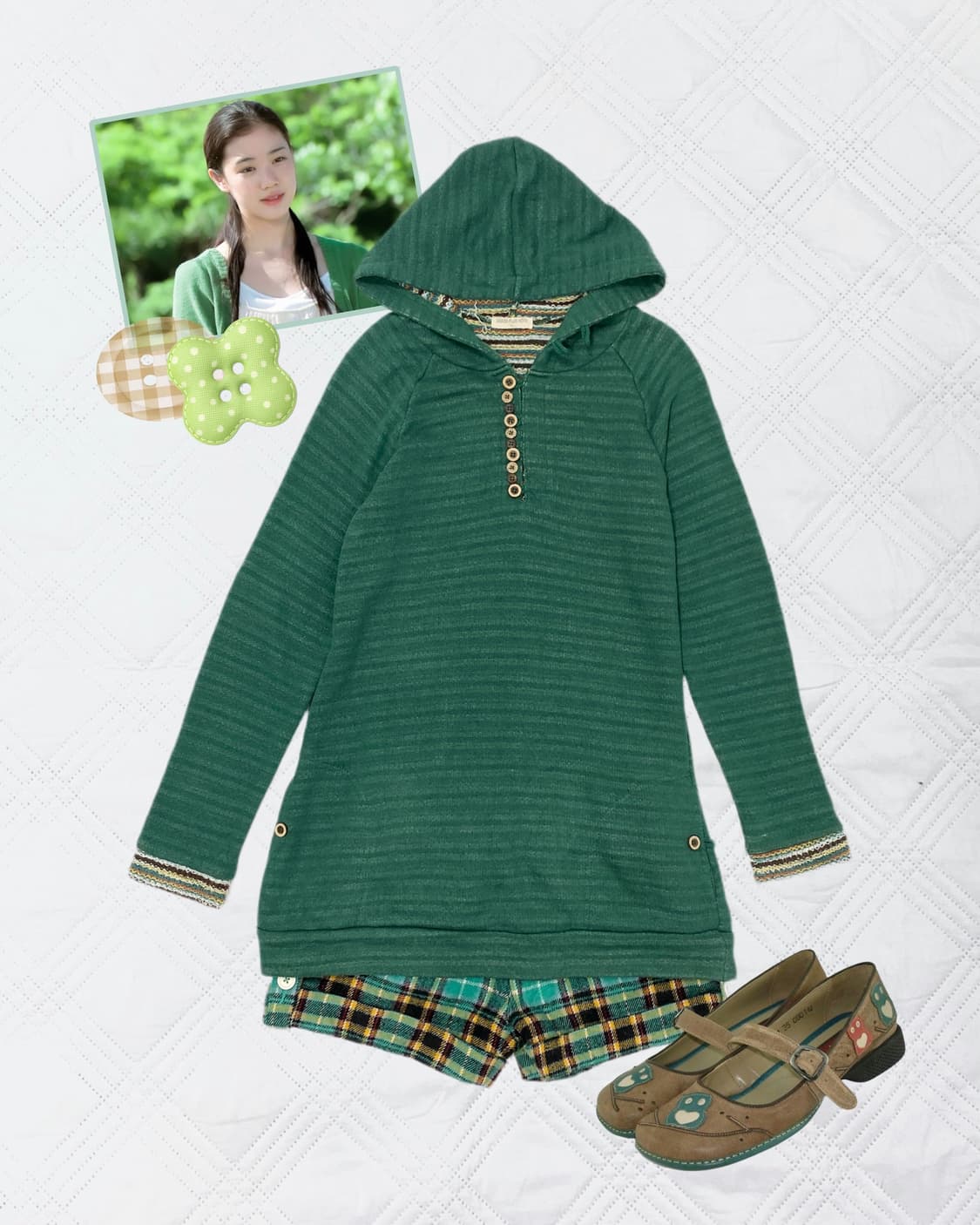 ꒰ঌ 말차 맛 나무 단추 후드 원피스 ໒꒱ 상품이미지1