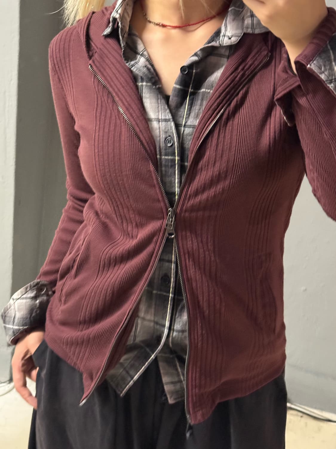 check shirt layered ribbed hood zip-up 상품이미지2